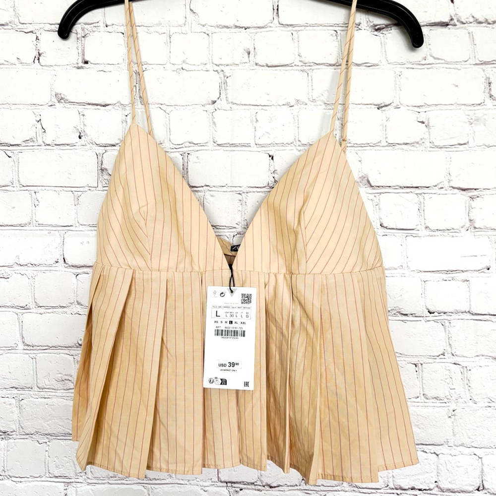 ZARA Pleated Cropped Spaghetti Strap Striped Tank Top--NWT--L - Picture 1 of 15